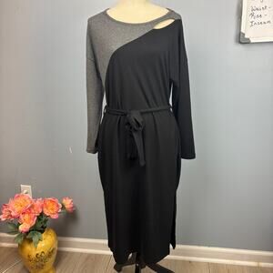 Absolutely Famous Colorblock Sweater Dress Black Gray Tie Belt Pull On XL Long